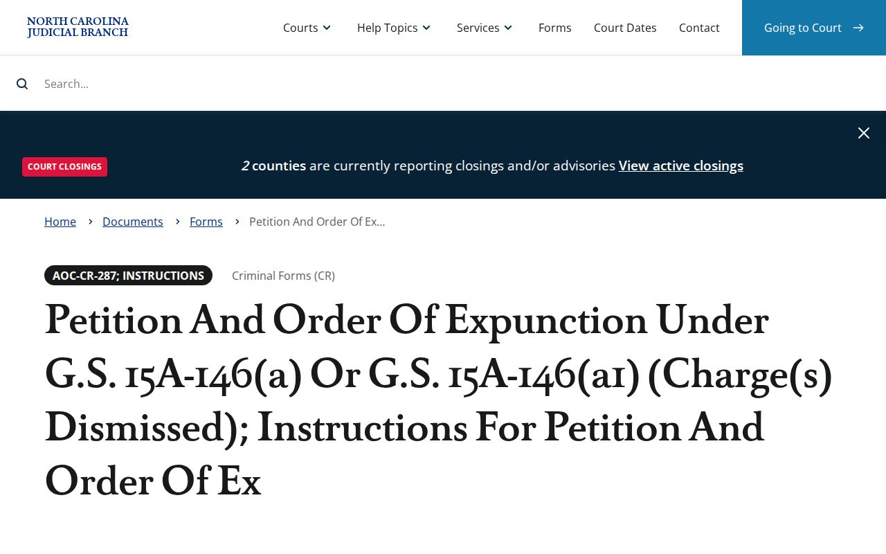 North Carolina Courts expunction petition information for dismissed charges