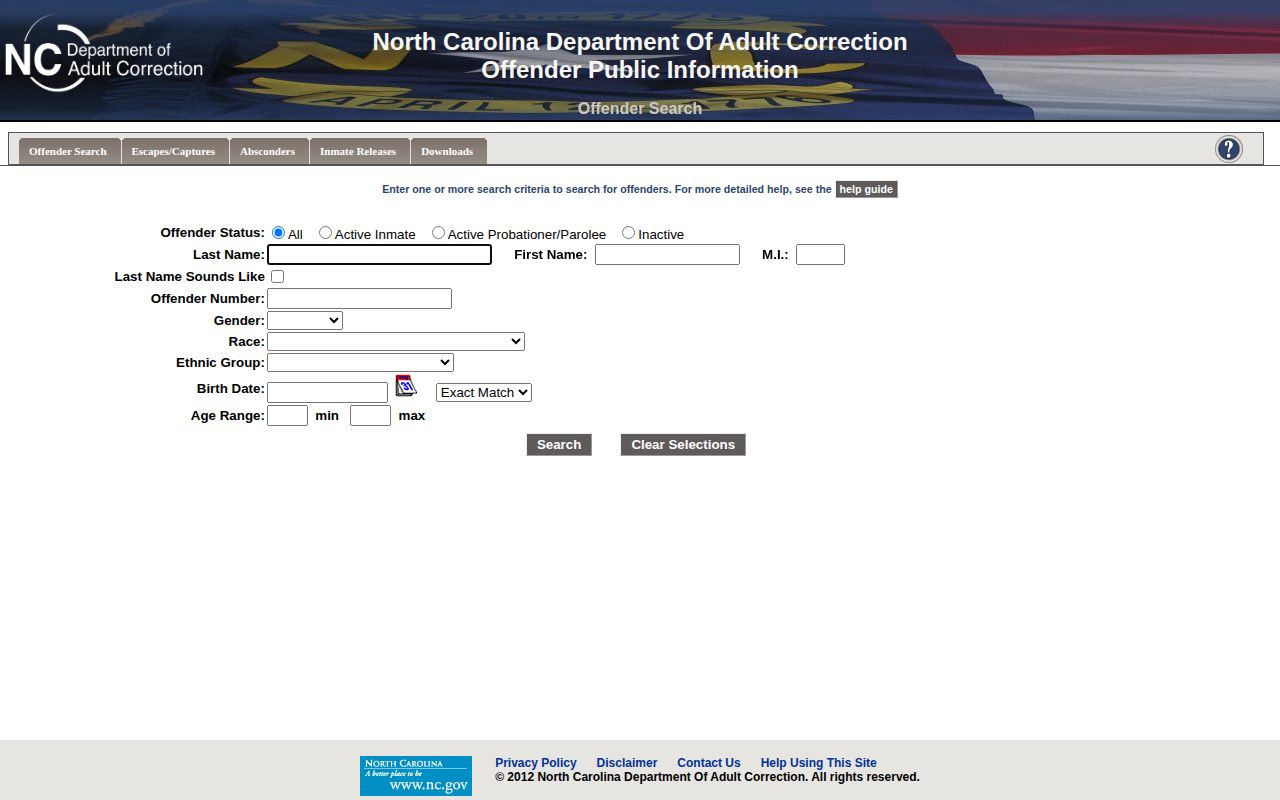 North Carolina Department of Adult Correction offender search fields