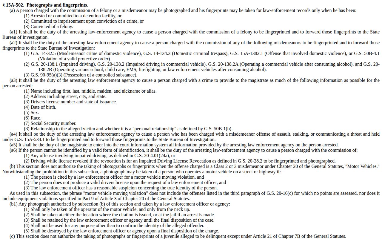 North Carolina General Statute 15A-502 on photographs and fingerprints